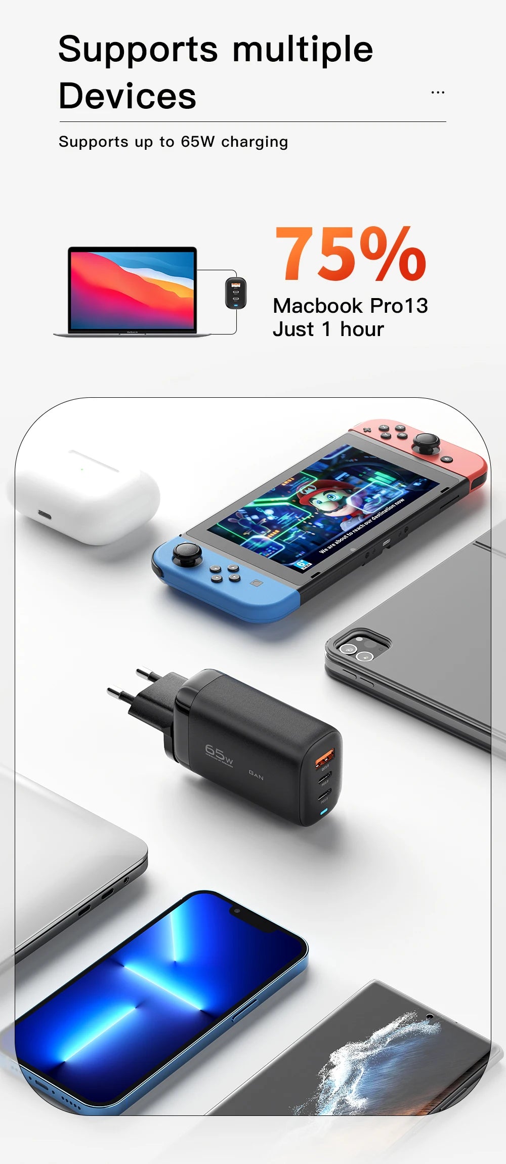 OrionCharge GaN 65W — Carregador Rápido USB-C Premium para Notebook e Smartphone