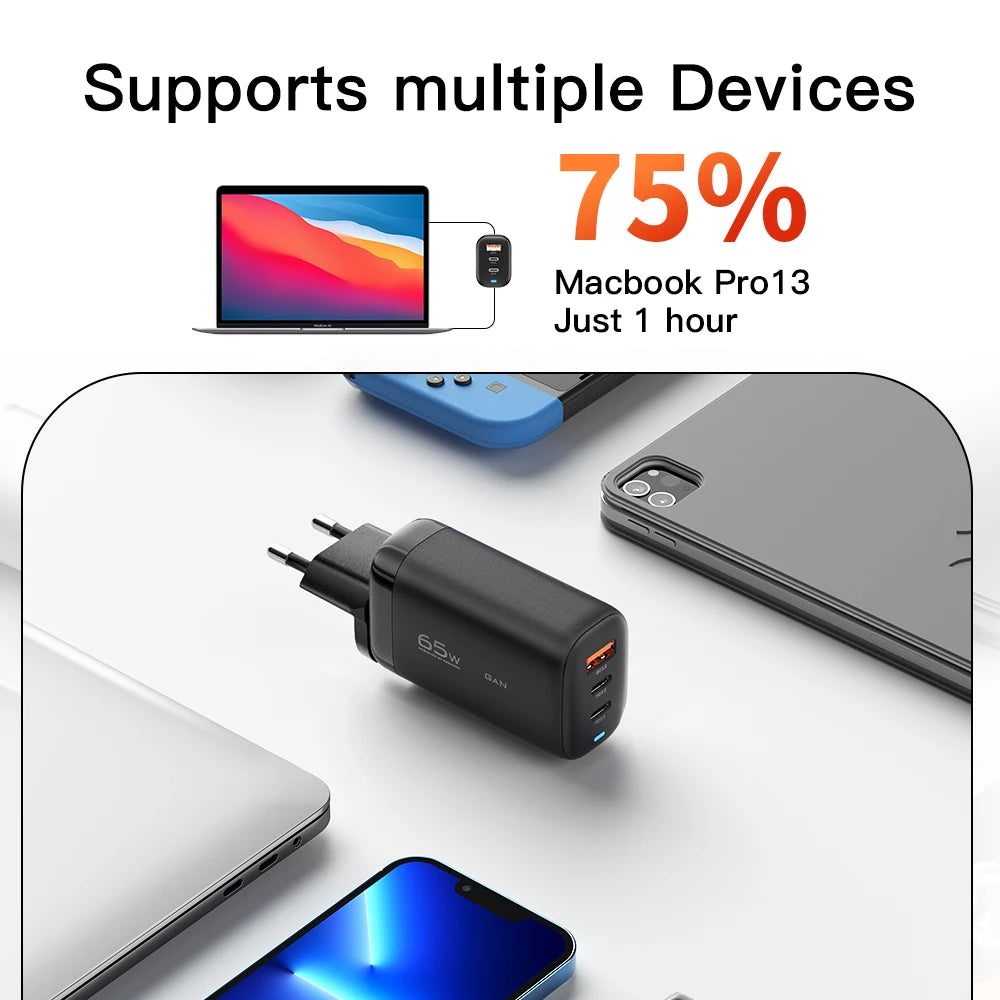 OrionCharge GaN 65W — Carregador Rápido USB-C Premium para Notebook e Smartphone