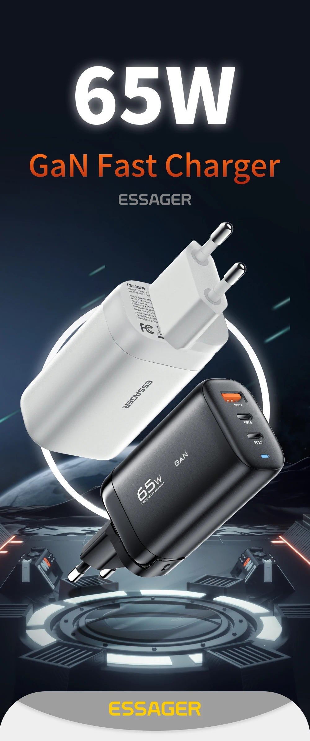 OrionCharge GaN 65W — Carregador Rápido USB-C Premium para Notebook e Smartphone