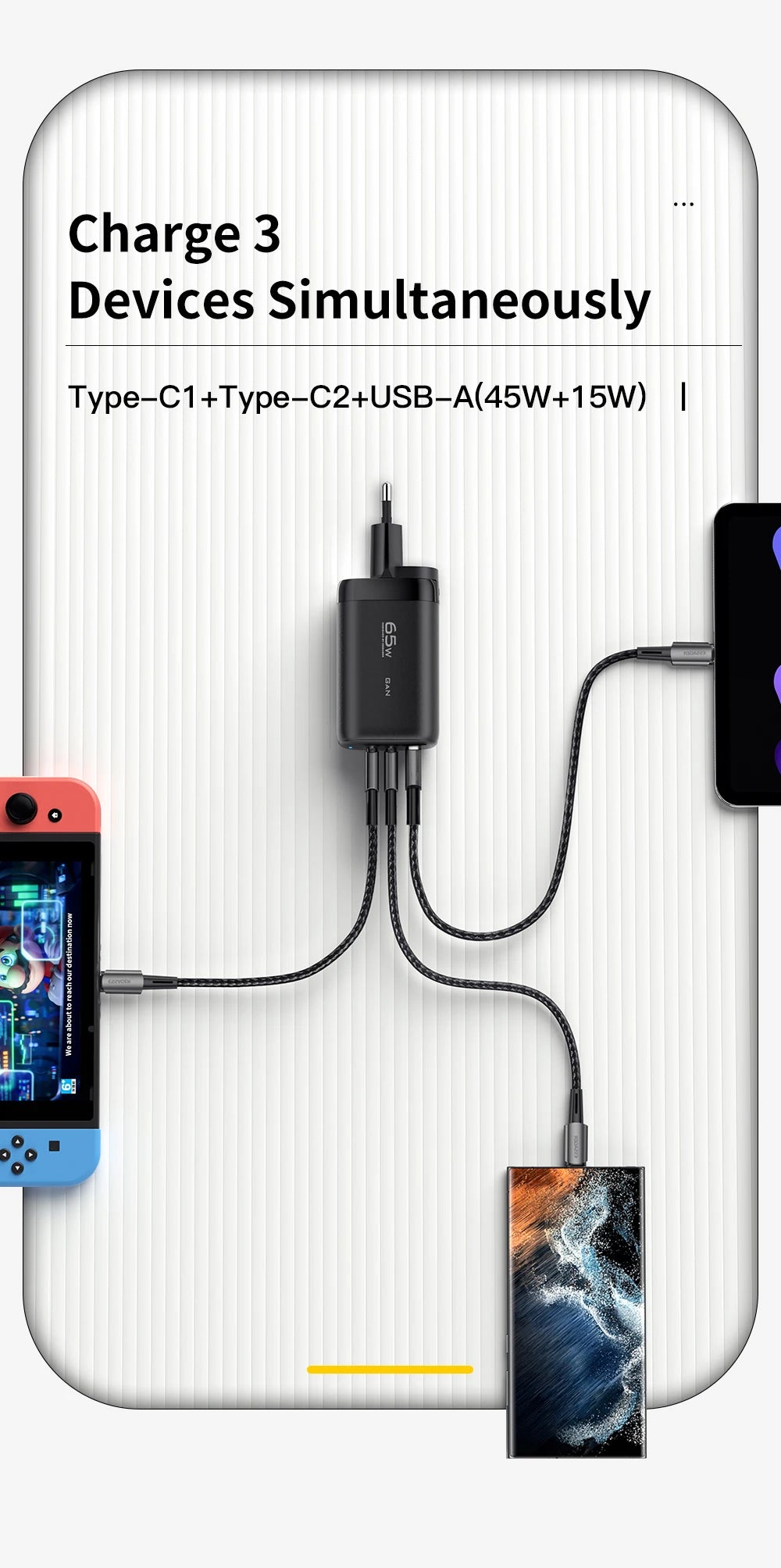 OrionCharge GaN 65W — Carregador Rápido USB-C Premium para Notebook e Smartphone