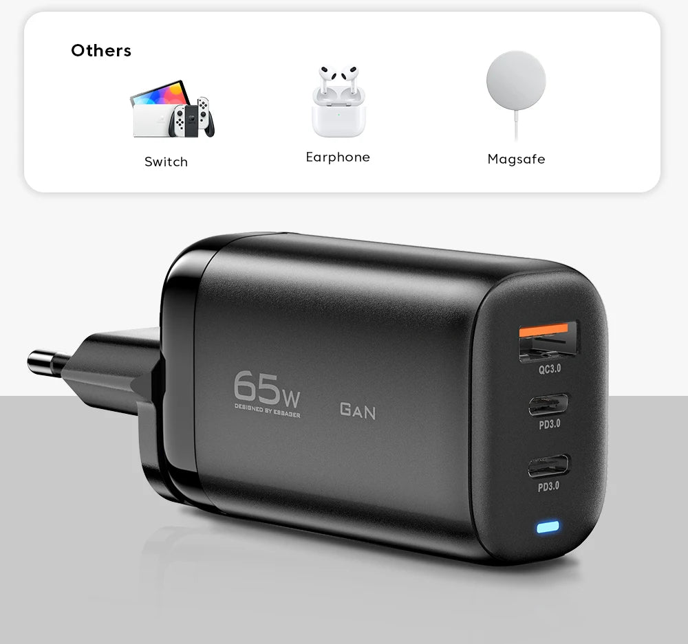 OrionCharge GaN 65W — Carregador Rápido USB-C Premium para Notebook e Smartphone