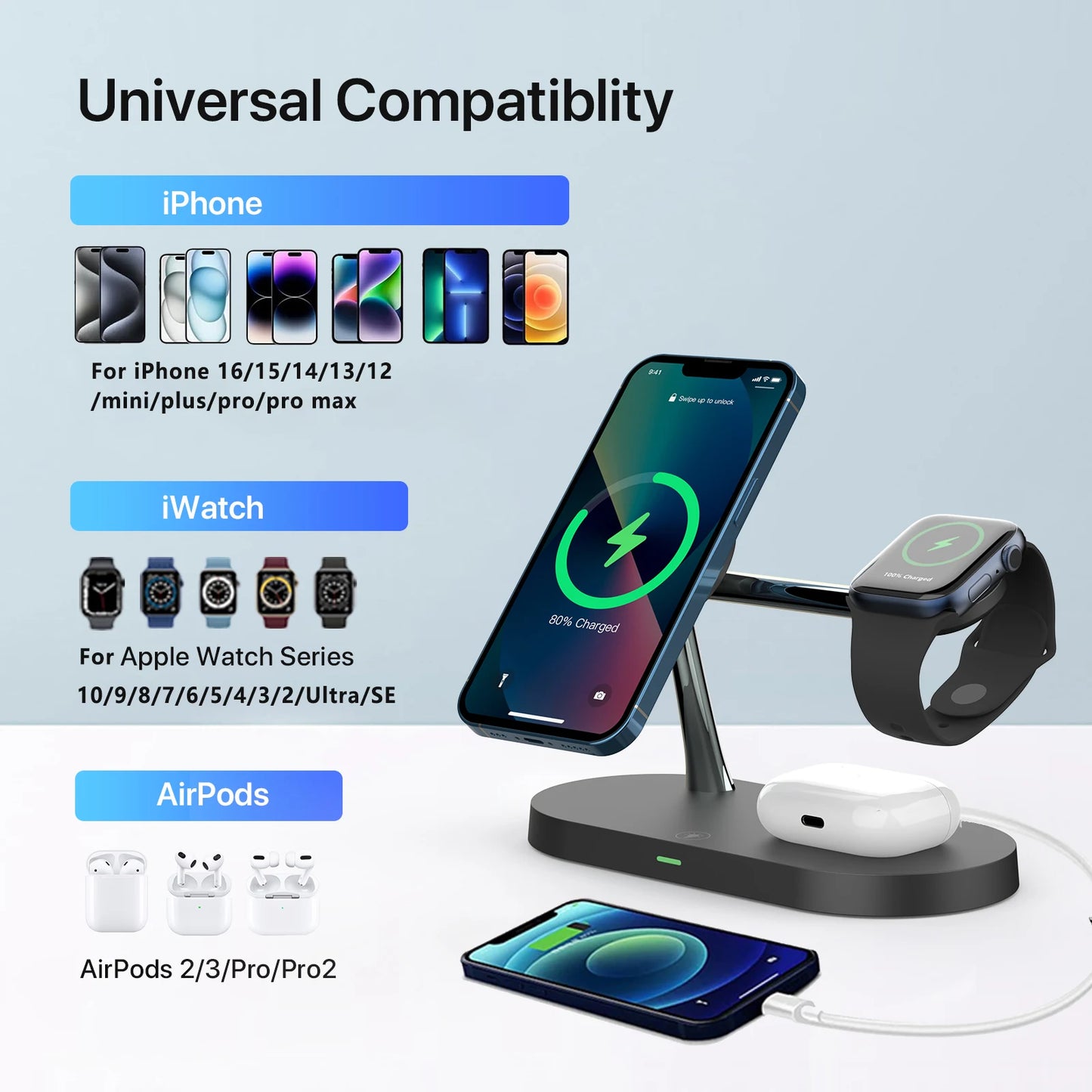 OrionCharge Trio — Estação de Carregamento Sem Fio 3 em 1 para iPhone, Apple Watch e AirPods